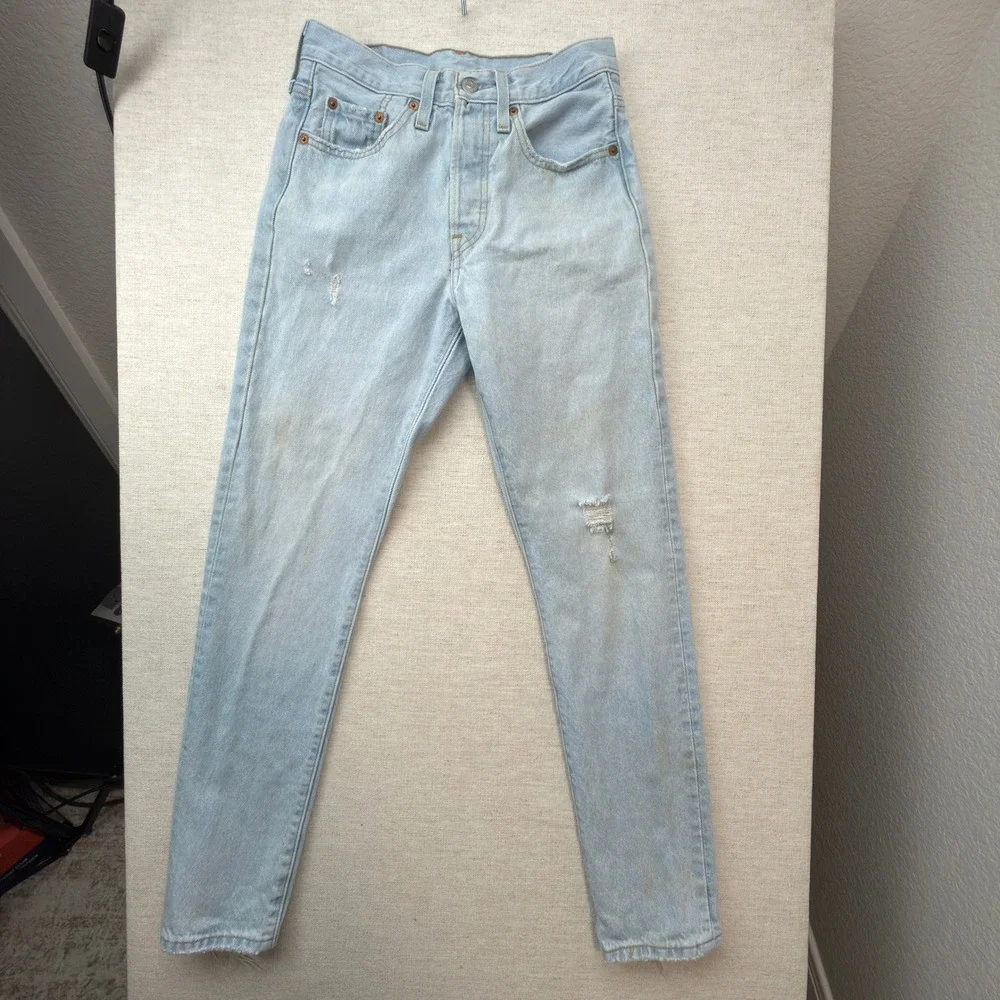 Levi's 501 Skinny Mens W24 L30 Distressed Light Wash Solid Slim Modern Jeans